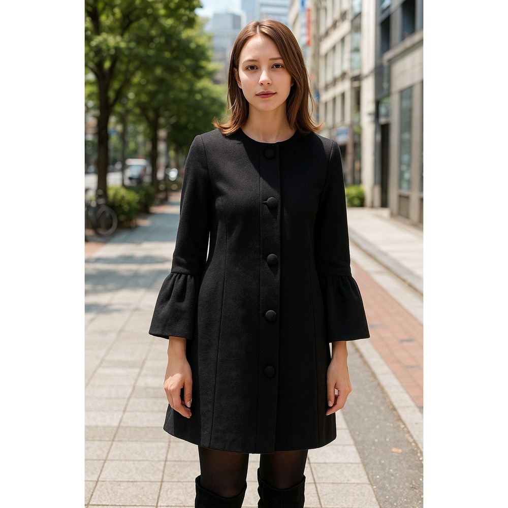 Nanette Lepore Boiled Wool Pea Coat Womens Small Black Bell Sleeve Button Front